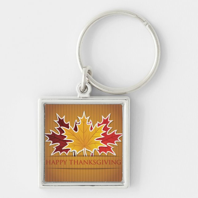 Thanksgiving maple löv fyrkantig silverfärgad nyckelring (Framsidan)