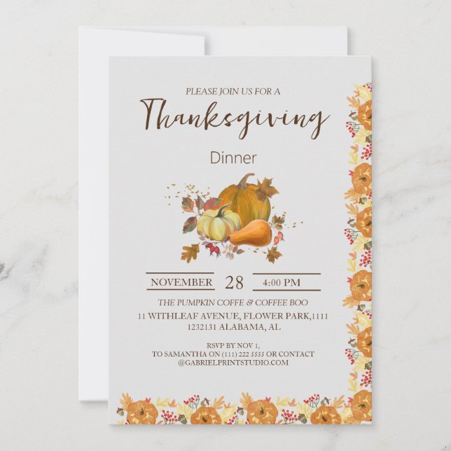 Thanksgiving med enkel Elegant Dinner Blommigt fal Inbjudningar (Framsida)