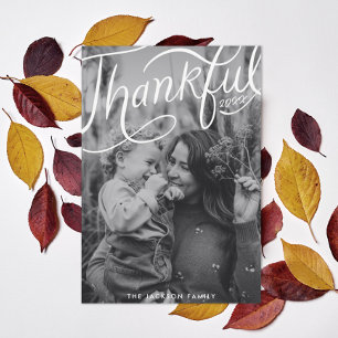 Thanksgiving med handstil, tacksamt foto julkort