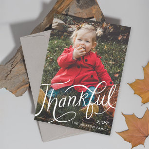 Thanksgiving med handstil, tacksamt foto julkort