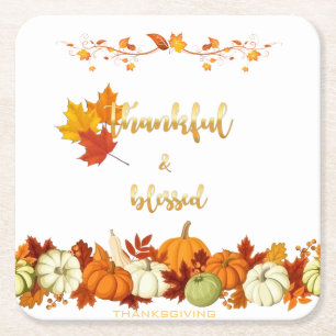 Thanksgiving med tacksamt och bläddrat Golden Scr Underlägg Papper Kvadrat