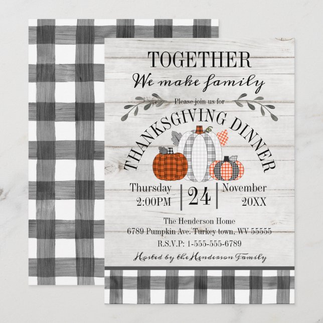 Thanksgiving Middag Buffalo Plaid Pumpkins Inbjudningar (Fram/baksida)