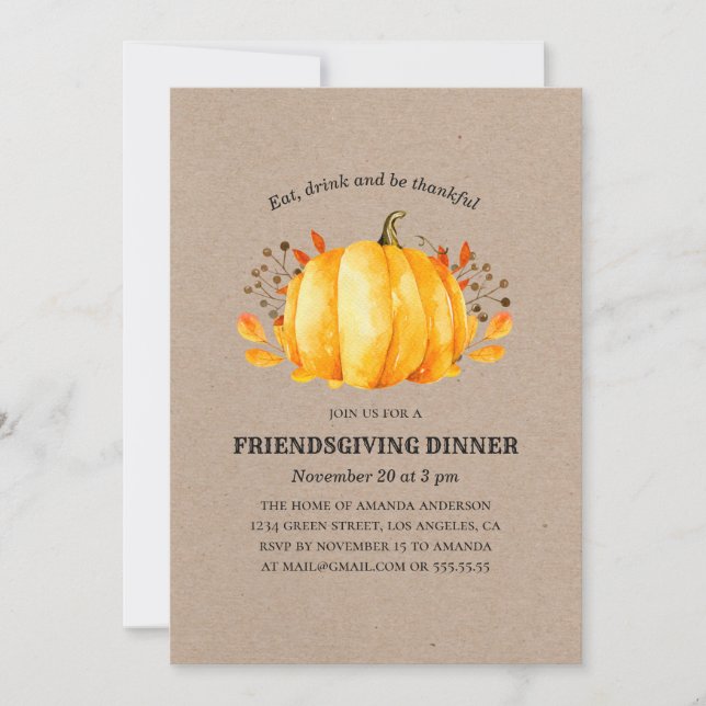 Thanksgiving middag. Friendsgiving rustik pumpkin Inbjudningar (Framsida)