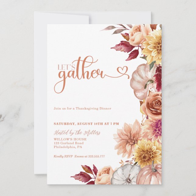 Thanksgiving Middag Inbjudan Pumpikns och blommor (Framsida)