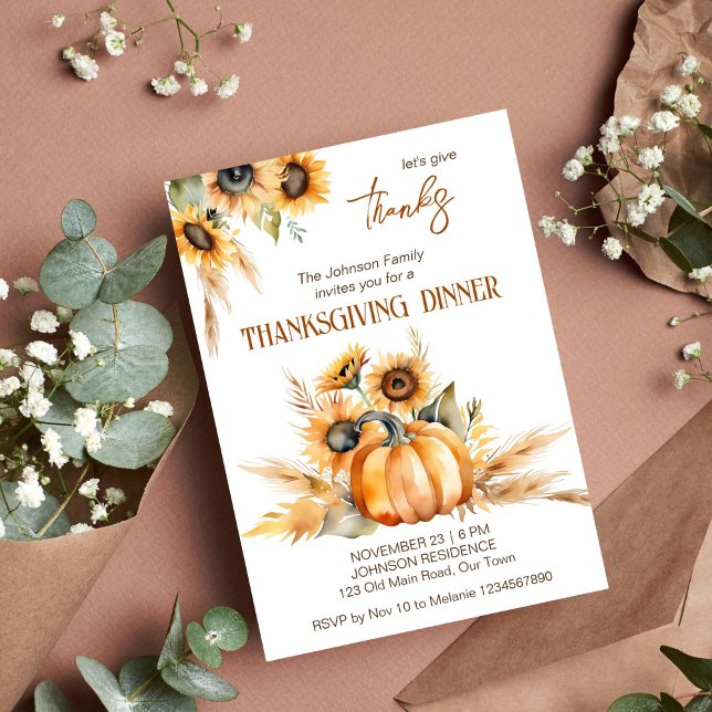 Thanksgiving middag party boho pumpa solblommor inbjudningar (Thanksgiving dinner party boho template invitation digital download watercolor pumpkin sunflowers)