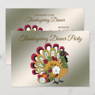 Thanksgiving Middag Party Färgfull Blommigt Turkie Inbjudningar