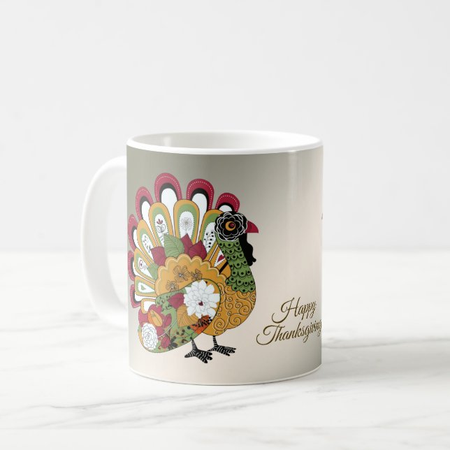 Thanksgiving Middag Party Färgfull Blommigt Turkie Kaffemugg (Framsida vänster)
