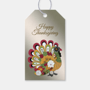 Thanksgiving Middag Party Färgfull Blommigt Turkie Presentetikett