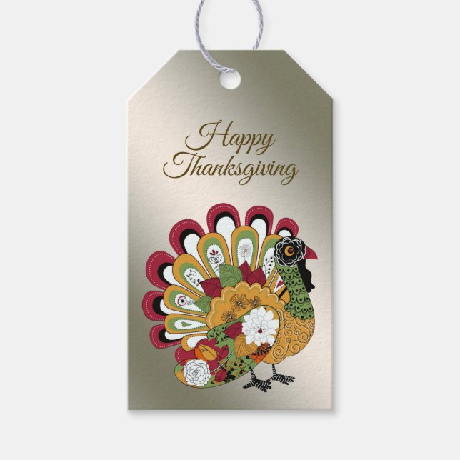 Thanksgiving Middag Party Färgfull Blommigt Turkie Presentetikett (Framsidan)
