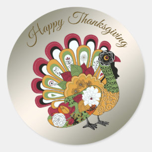 Thanksgiving Middag Party Färgfull Blommigt Turkie Runt Klistermärke