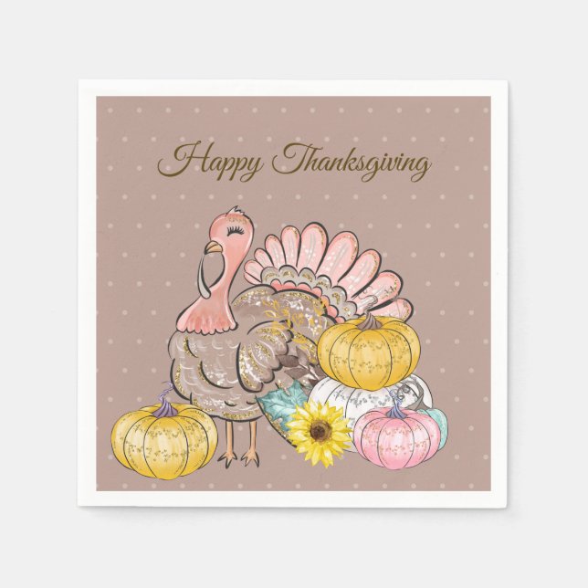 Thanksgiving Middag Party Turkiet Pumpkins Rosa Ta Pappersservett (Framsidan)