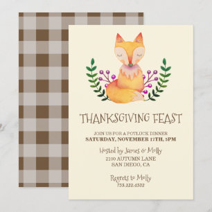 Thanksgiving Middag Party vattenfärg Fox Inbjudningar