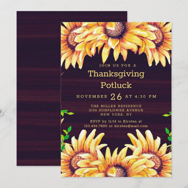 Thanksgiving Middag Potluck Rustic Fall Sunwers Inbjudningar (Fram/baksida)