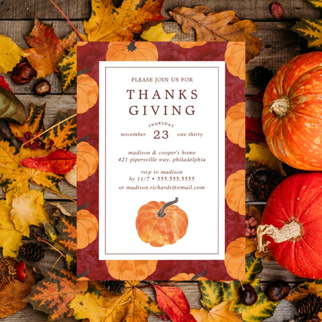 Thanksgiving Middag | Pumpor med vattenfärg Inbjudningar (Skapare uppladdad)