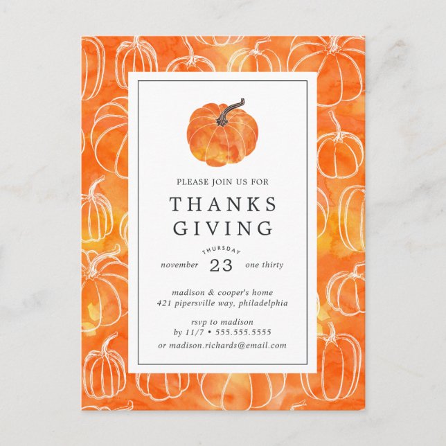 Thanksgiving Middag | Pumpor med vattenfärg Vykort (Framsida)