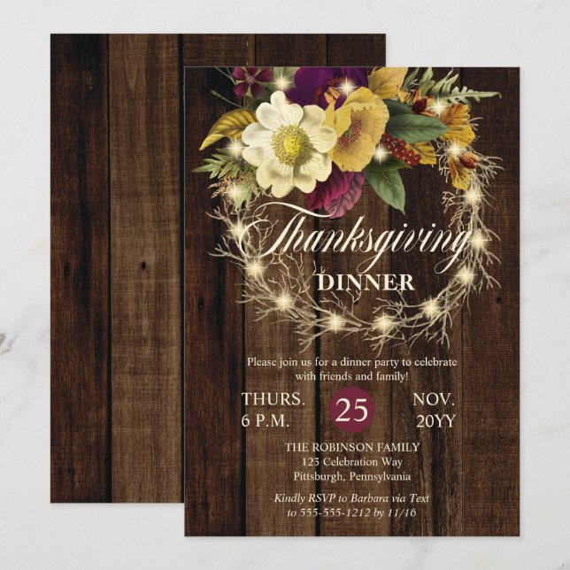 Thanksgiving Middag - Rustic Woodsy Lighted Wandea Inbjudningar (Fram/baksida)