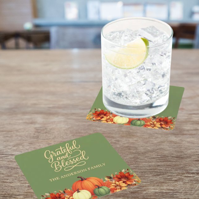 Thanksgiving middagspumpa grönt tacksam välsignad underlägg papper kvadrat (Skapare uppladdad)