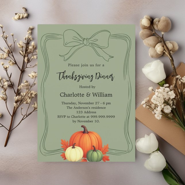 Thanksgiving middagspumpor buggmutad moss grönt inbjudningar (Skapare uppladdad)