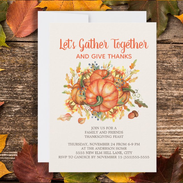 Thanksgiving Middagspumpor Samla Ge tack Inbjudningar ("Let's gather together and give thanks" Thanksgiving Dinner invitation)