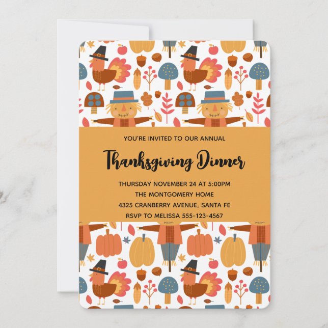 Thanksgiving Mönster med kalkoner och pumpor Inbjudningar (Framsida)