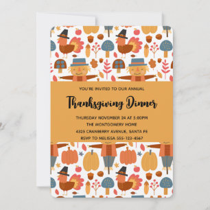 Thanksgiving Mönster med kalkoner och pumpor Inbjudningar