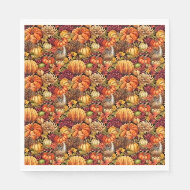 Thanksgiving Mönster Pumpkins Turkey Fall Foliage Pappersservett (Framsidan)