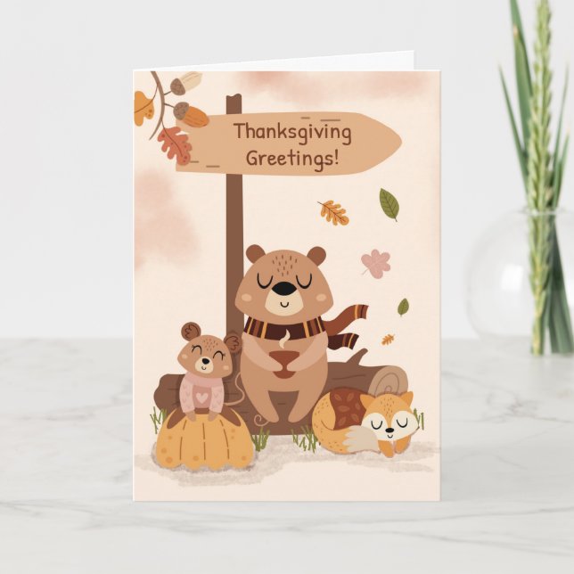 Thanksgiving Mysigt Woodland Animal Scene Pumpkin Kort (Framsida)