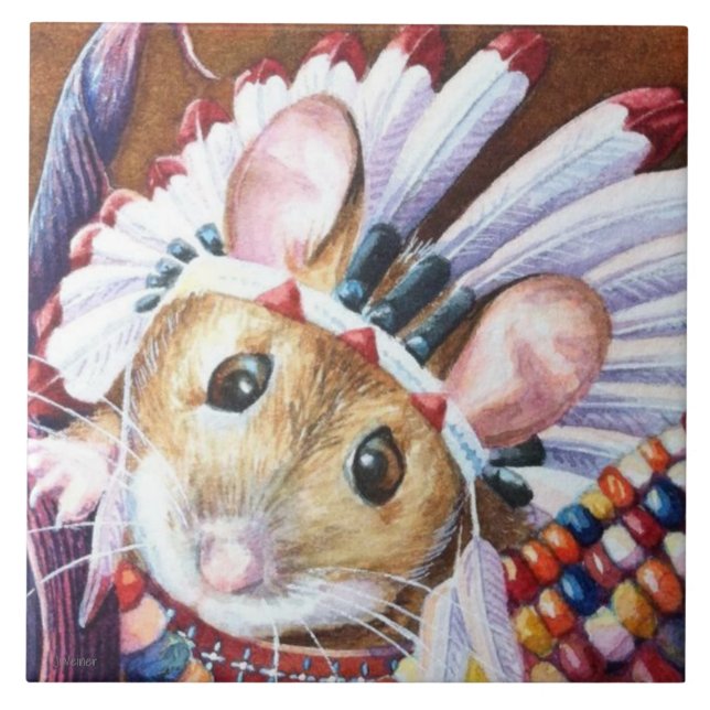 Thanksgiving Native American Mouse Watercolor Art  Kakelplatta (Framsidan)