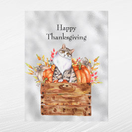 Thanksgiving Orange Pumpkins Cat Blommigt Helg Vykort