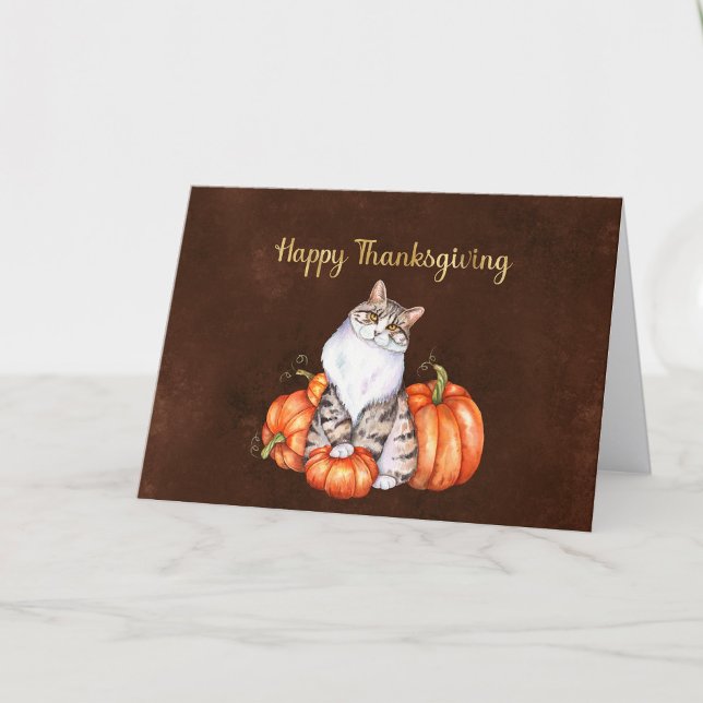 Thanksgiving Orange Pumpkins Cat Helgkort (Skapare uppladdad)