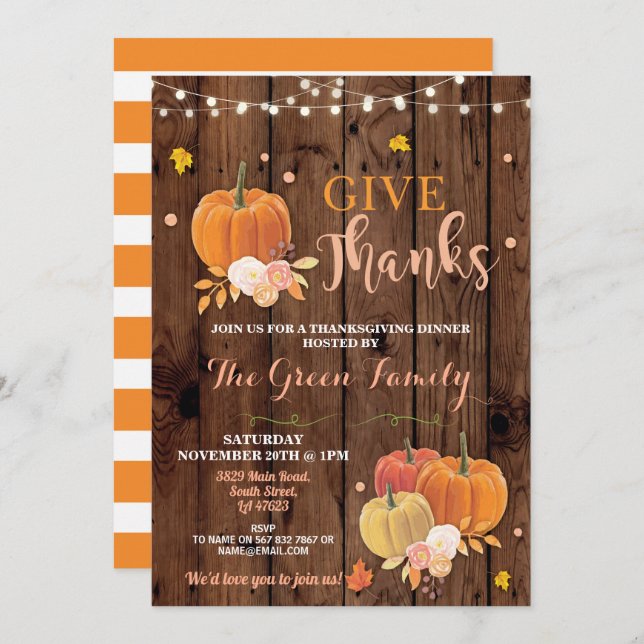 Thanksgiving Party Fall Wood Pumpkin Dinner Inbjudningar (Fram/baksida)