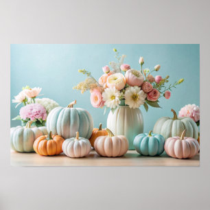 Thanksgiving Pastel Pumpkins and Blommigt Arrangem Poster