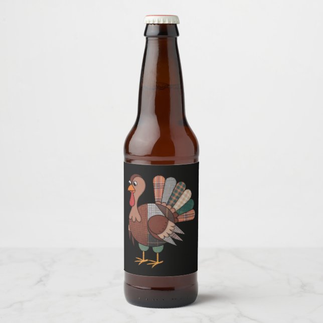 Thanksgiving Patchwork Quilted Turkey Fall Ölflaska Etikett (Framsida)