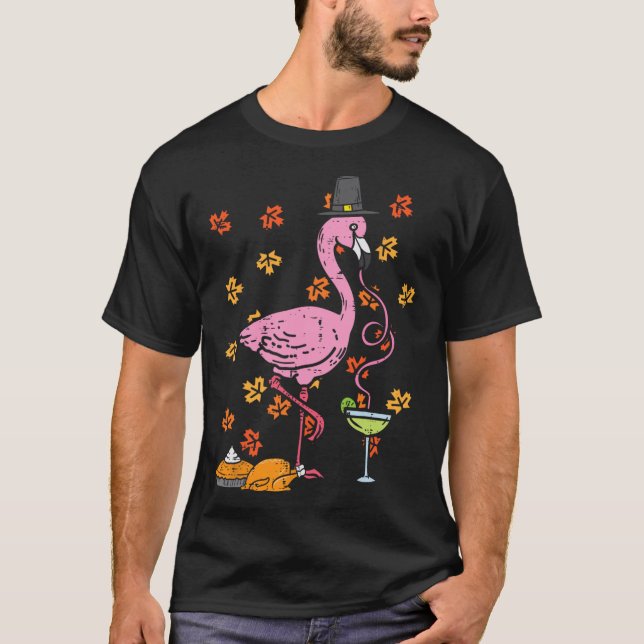 Thanksgiving Pilgrim Flamingo Fall Autumn Manar Wo T Shirt (Framsida)