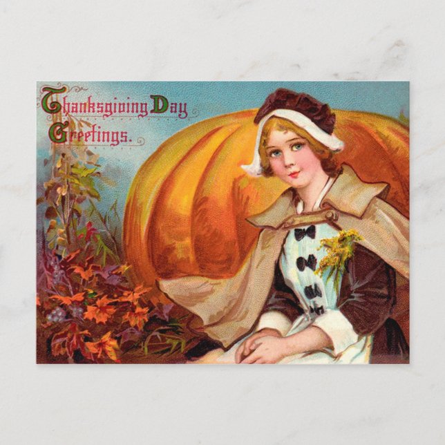 Thanksgiving Pilgrim Girl with Pumpkin Helg Vykort (Framsida)