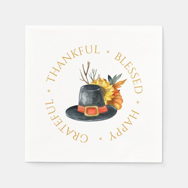 Thanksgiving Pilgrim Hat Pumpkin Solros Pappersservett (Framsidan)