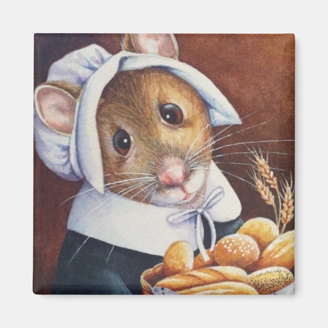 Thanksgiving Pilgrim Mouse Bread Basket Art Magnet (Framsidan)
