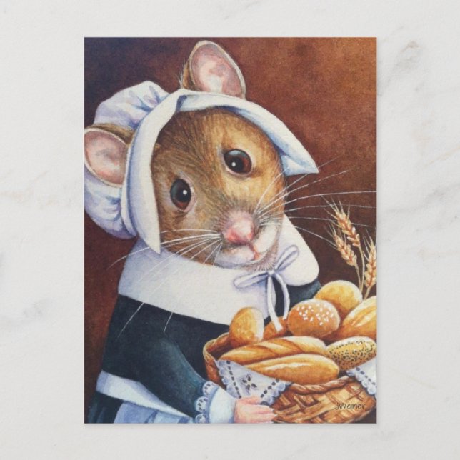 Thanksgiving Pilgrim Mouse Bread Basket Art Vykort (Framsida)
