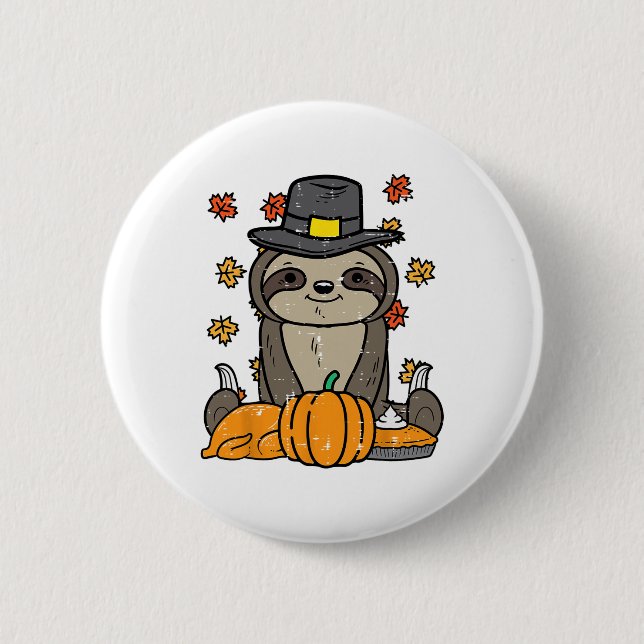 Thanksgiving Pilgrim Sloth Cute Fall Hösten Manar  Knapp (Framsida)