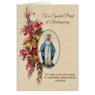 Thanksgiving Priest Virgin Mary Autumn Flowers Hälsningskort