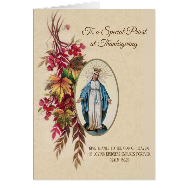 Thanksgiving Priest Virgin Mary Autumn Flowers Hälsningskort (Framsidan)