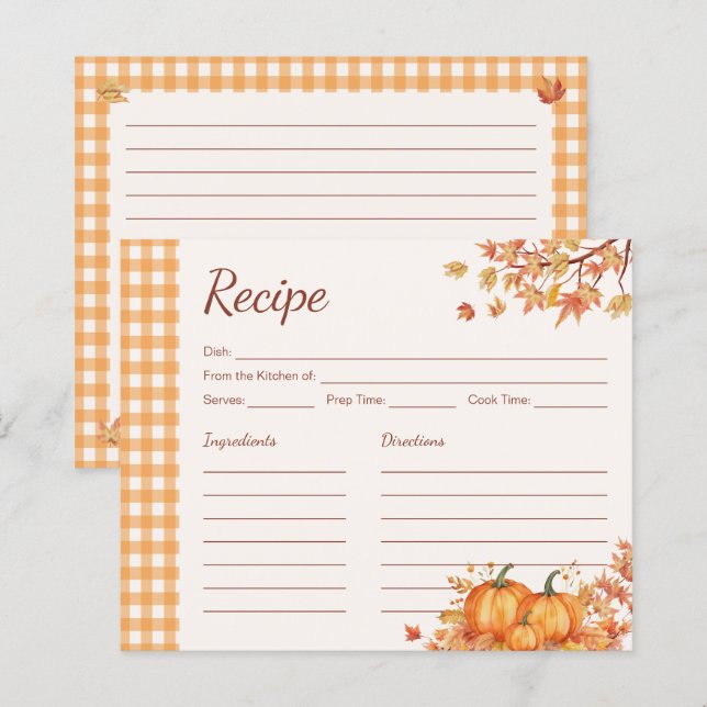 Thanksgiving Pumpa Skörde Gingham Receptkort (Fram/baksida)