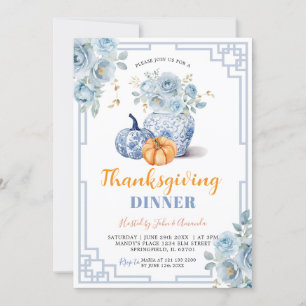 Thanksgiving Pumpkin Blue Peony Chinoiserie Burk Inbjudningar