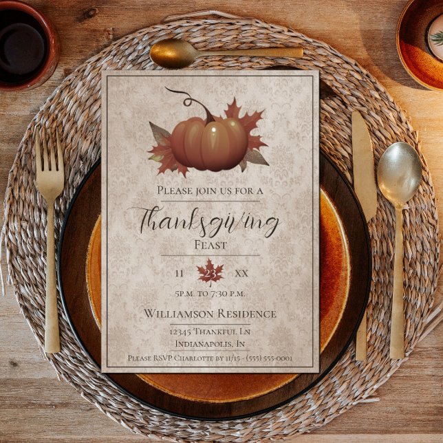 Thanksgiving Pumpkin Damask-middag | Beige Inbjudningar (Thanksgiving Pumpkin Damask Dinner Invite)