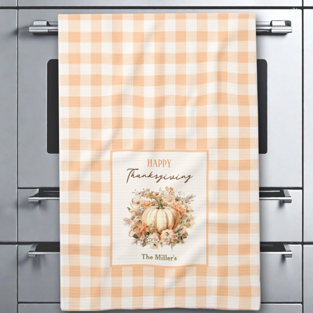 Thanksgiving Pumpkin Gingham Pastel Orange Namn Kökshandduk (Thanksgiving Pumpkin Gingham Pastel Orange Name Kitchen Towel)