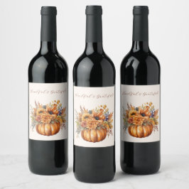 Thanksgiving-Pumpkin med blommor- Vinflaska Etikett
