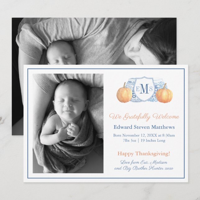 Thanksgiving Pumpkin Monogram tacksam Baby Birth Meddelande (Fram/baksida)