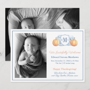 Thanksgiving Pumpkin Monogram tacksam Baby Birth Meddelande
