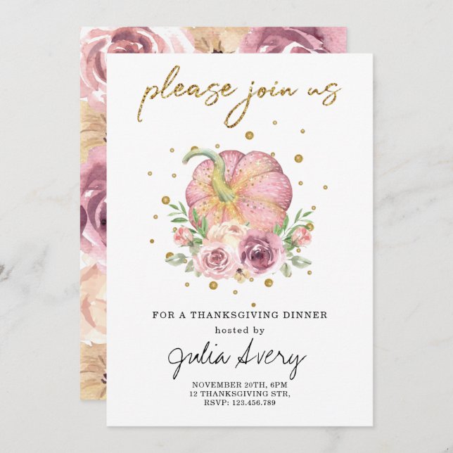 Thanksgiving Pumpkin Rosa Blommigt Inbjudningar (Fram/baksida)