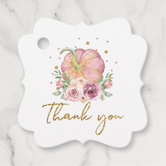 Thanksgiving Pumpkin Rosa guld Tack Gåvor Etiketter (Framsida)